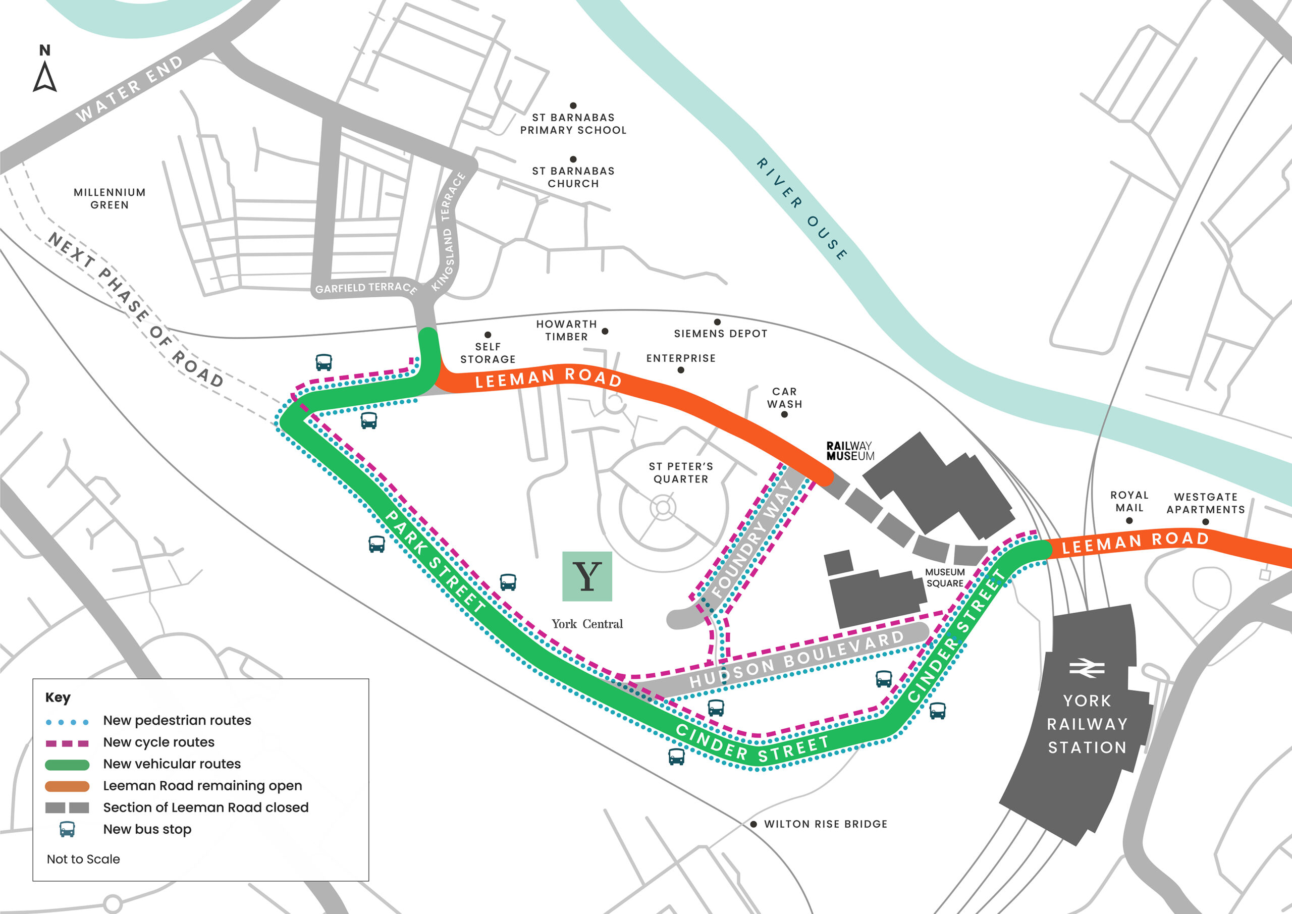 Map showing the new road route through York Central and the new layout of Leeman Road