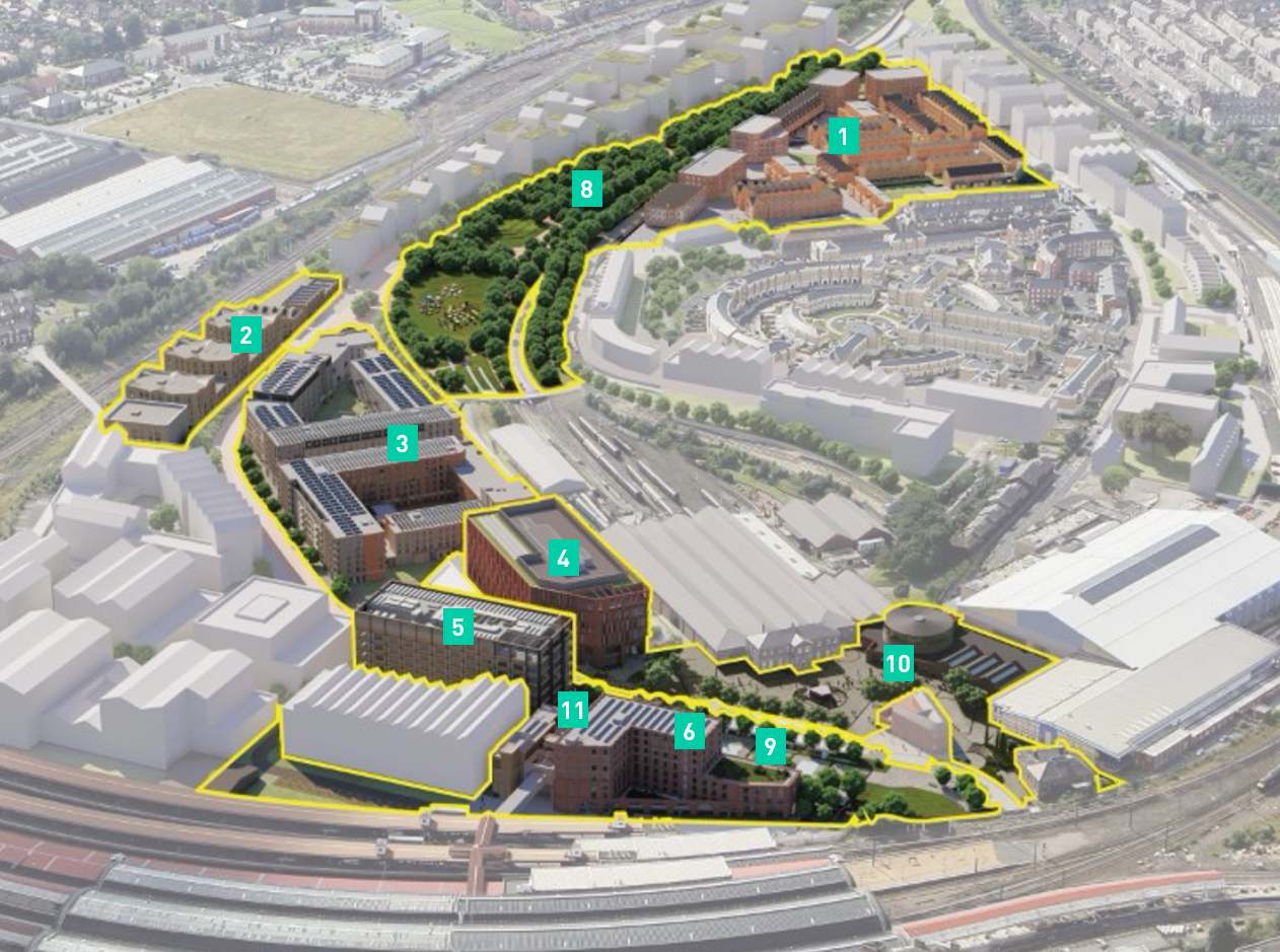 Aerial view of the York Central masterplan with the Phase 1 locations numbered.