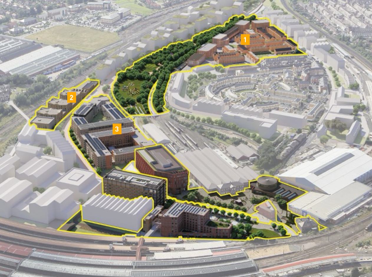 Aerial view of the York Central masterplan with the housing plots numbered.
