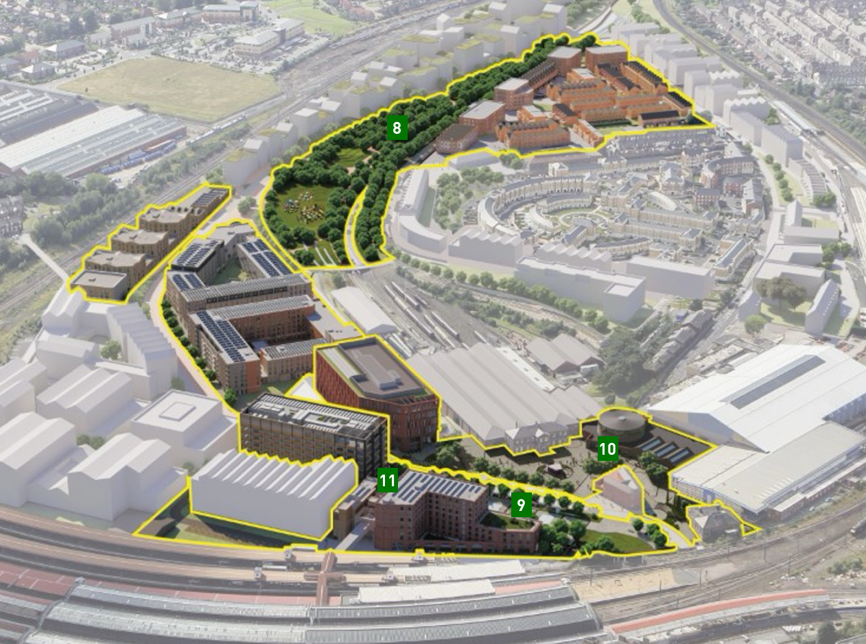 Aerial view of the York Central masterplan with the public spaces numbered.